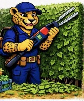 Cartoon anthropomorphic cheetah wearing a blue uniform and cap, holding a hedge trimmer in a garden with green shrubbery.