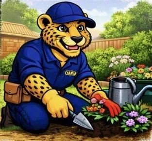 Cartoon leopard wearing blue overalls and a blue cap gardening, planting flowers with a trowel, in a backyard with green trees and a brick fence.