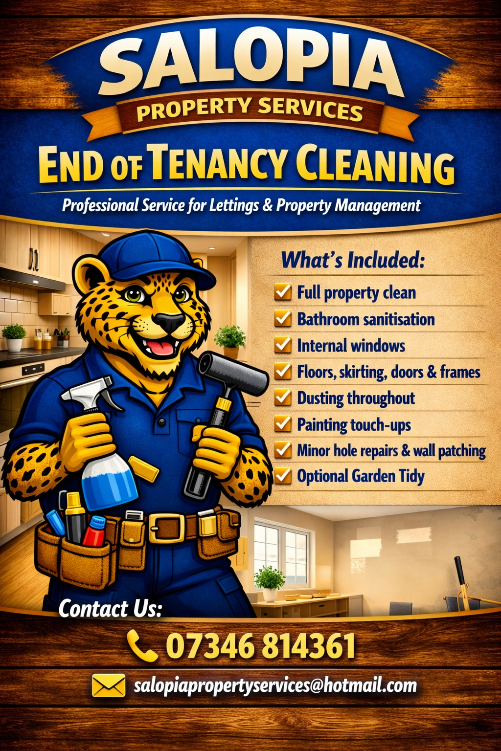 Poster for Salopia Property Services promoting end of tenancy cleaning, featuring a cartoon cheetah in a blue uniform holding cleaning tools with a kitchen background, listing services like full property clean, bathroom sanitization, internal windows, floors, dusting, painting, wall repairs, and optional garden tidy, with contact info including phone number and email.