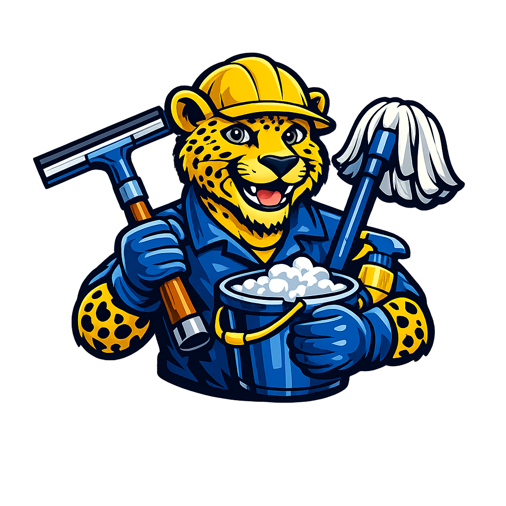 A cartoon leopard wearing a yellow hard hat and blue work clothes, holding a bucket of soapy water, a mop, and a squeegee, representing a cleaning worker.