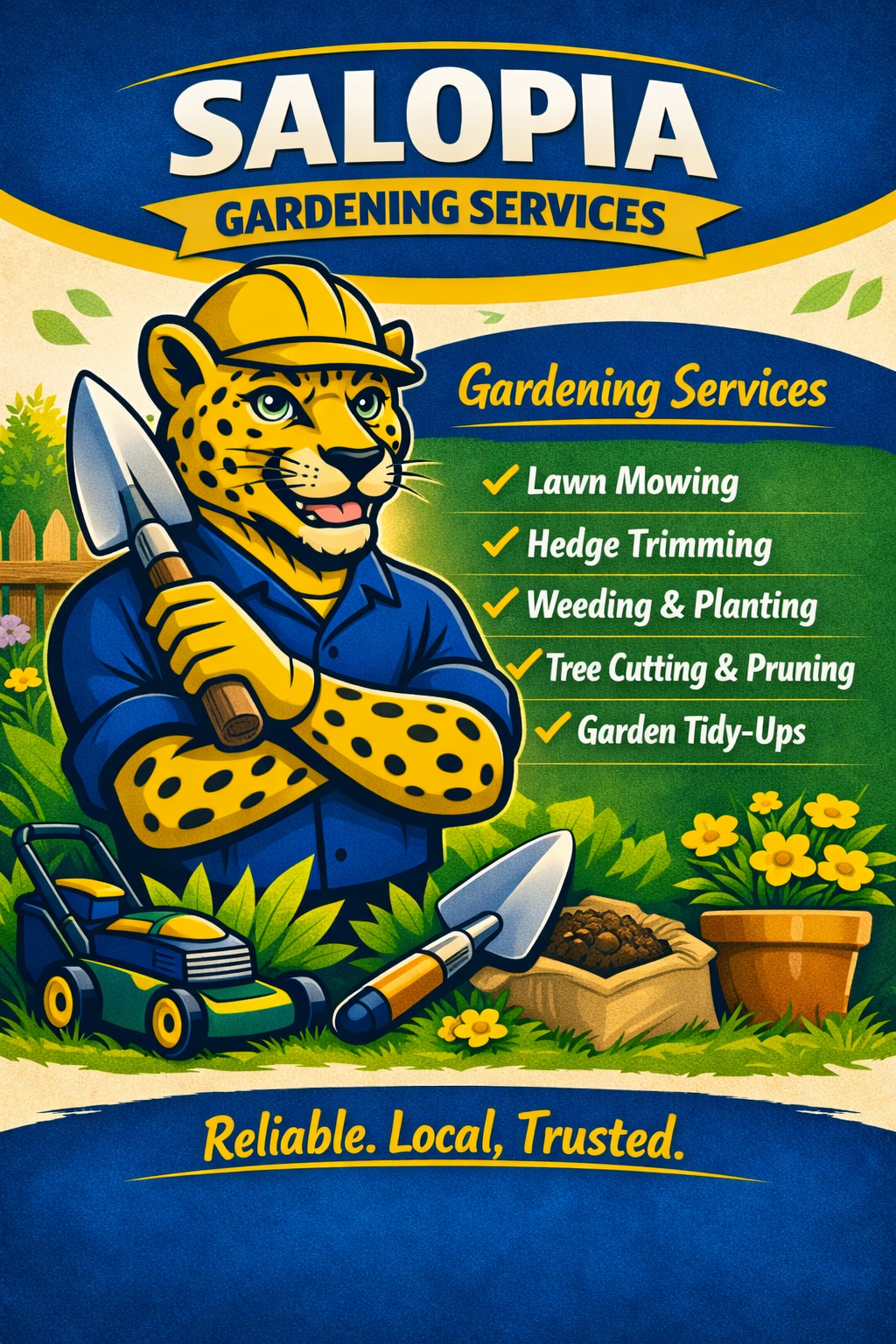 Colorful advertisement for Salopia Gardening Services featuring a cheerful anthropomorphic jaguar wearing a hard hat and blue work shirt, holding a garden trowel, with garden tools, plants, and flowers in the background, listing services like lawn mowing, hedge trimming, weeding and planting, tree cutting and pruning, and garden tidy-ups, with a tagline at the bottom reading 'Reliable. Local. Trusted.'