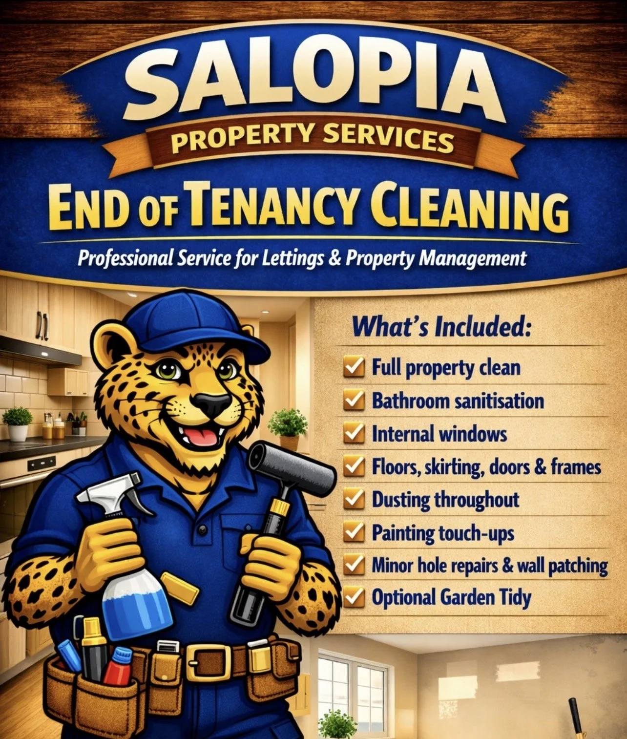 Poster for Salopia Property Services promoting end of tenancy cleaning, featuring a cartoon jaguar handyman wearing a blue cap and uniform, holding a spray bottle and paint roller, with a checklist of cleaning services offered.