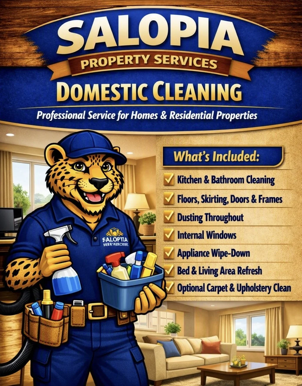 Digital flyer for Salopia Property Services advertising domestic cleaning with a cartoon cheetah mascot dressed as a cleaning professional, holding cleaning supplies in a residential living room.