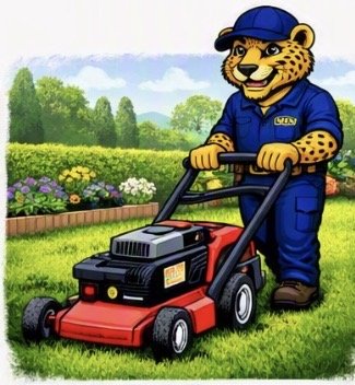 Cartoon leopard dressed as a gardener, wearing a blue cap and overalls, pushing a red lawnmower on a lawn with flowers and trees in the background.