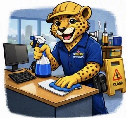 An anthropomorphic cheetah mascot wearing a yellow hard hat and blue uniform cleaning a desk with a spray bottle and cloth in an office setting.