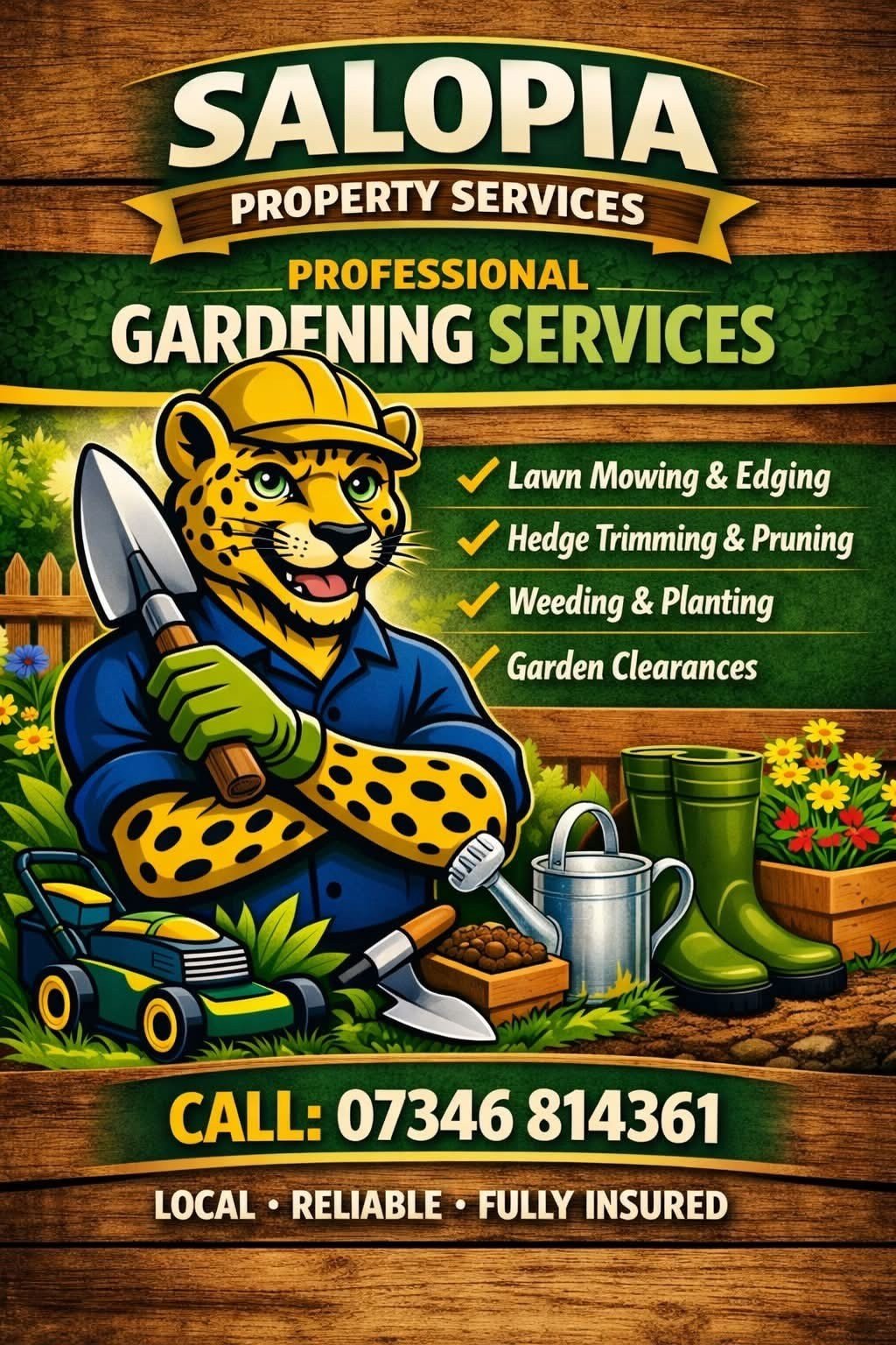 A colorful advertisement for Salopia Property Services, offering professional gardening services, featuring a cheerful cartoon cheetah wearing a yellow hat and blue overalls, holding a shovel, with gardening tools, plants, and flowers in the background.