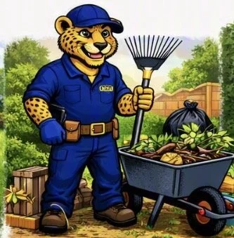 A cartoon character of a cheetah dressed as a gardener wearing a blue uniform and cap, holding a rake, standing next to a wheelbarrow filled with garden waste.