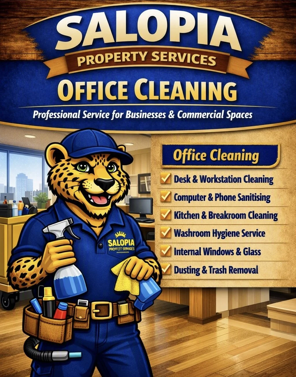 Poster for Salopia Property Services advertising office cleaning services, featuring a cheerful cartoon leopard mascot in a uniform holding cleaning supplies, with a list of cleaning services including desk and workstation, computer and phone sanitizing, kitchen and breakroom, washroom hygiene, internal windows and glass, dusting and trash removal.