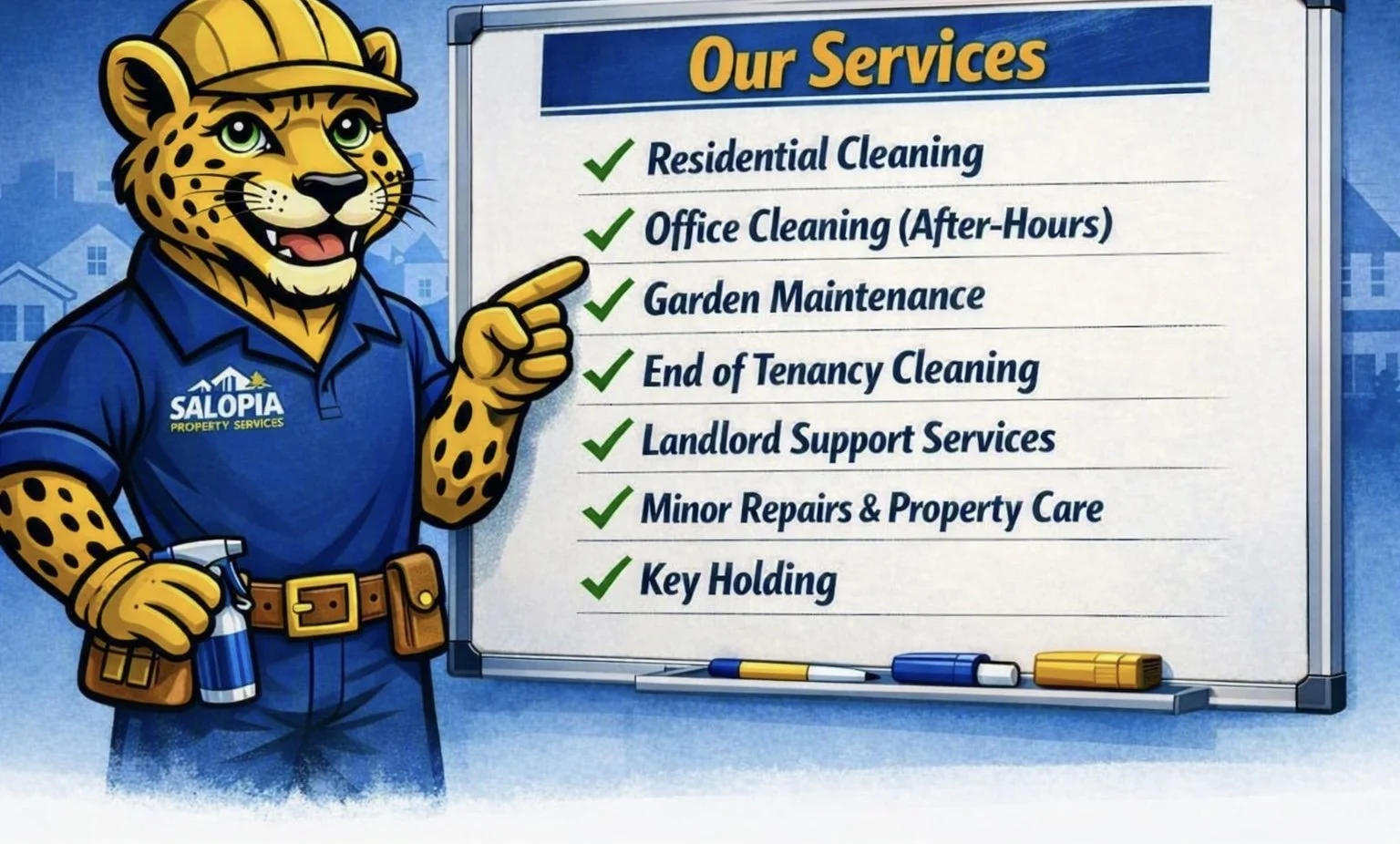 A cartoon cheetah wearing a blue uniform with the logo of Salopia Property Services, pointing to a whiteboard listing their services, including residential cleaning, office cleaning, garden maintenance, end of tenancy cleaning, landlord support services, minor repairs, property care, and key holding.