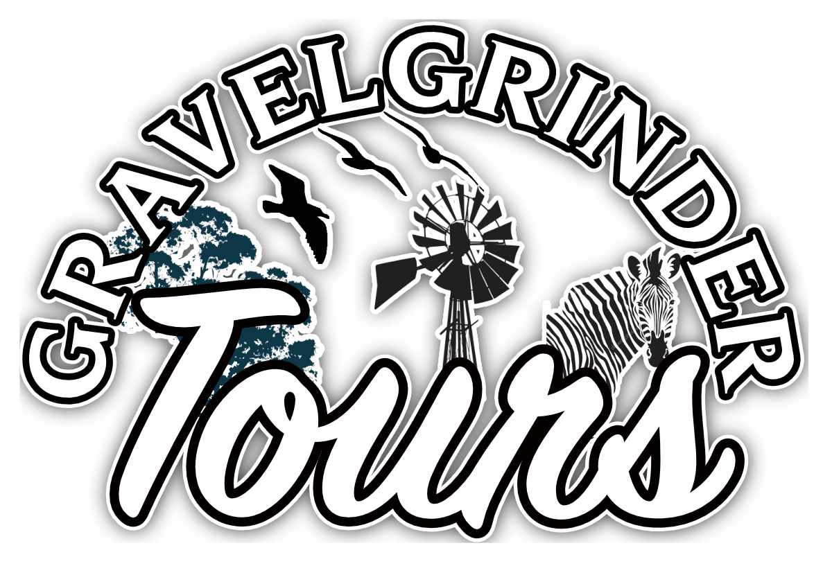 Graphic design with the words 'Grandview Explore Tours' and the word 'Tours' in large script. Nearby are illustrations of a windmill, zebra, a flock of birds, and a tree, all on a black background.