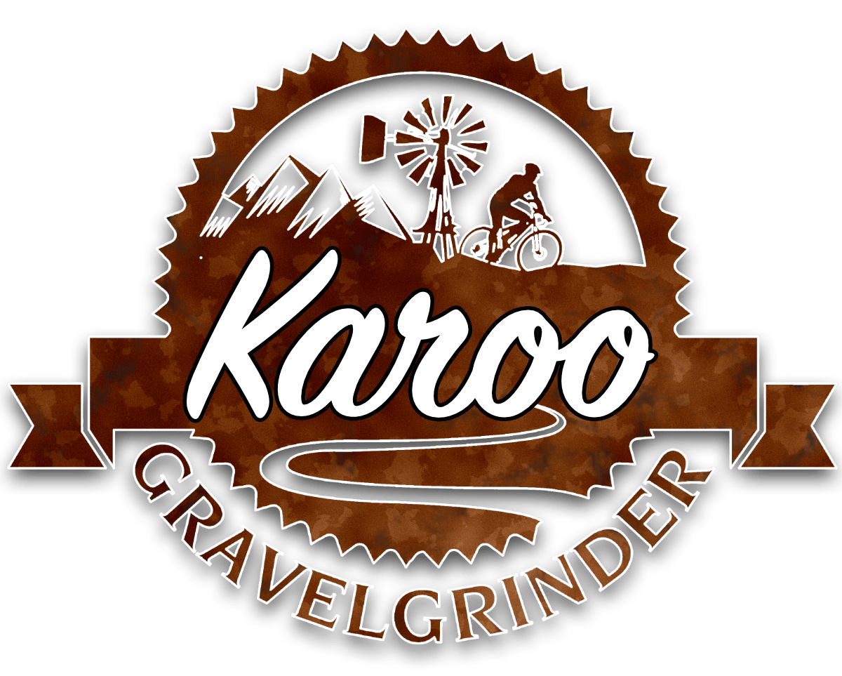 Logo for Karoo Gravelgrinder, featuring a mountain landscape, cyclist, windmill, and a dirt bike, with stylized text.