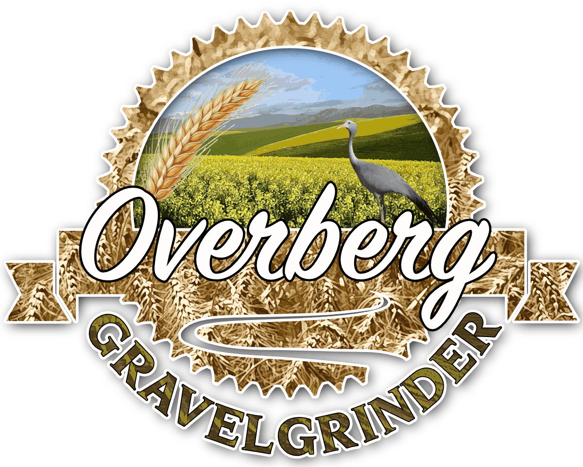Overberg Graavelgrinder logo with a landscape of yellow fields, a heron, wheat stalks, and a gear and ribbon design.