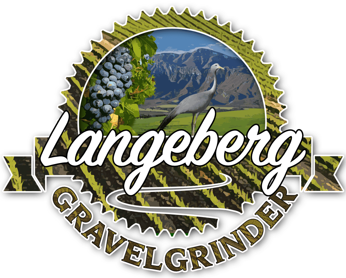 Logo with a vineyard, grapes, mountain, and a heron, with the words "Langeberg Gravel Grinding".
