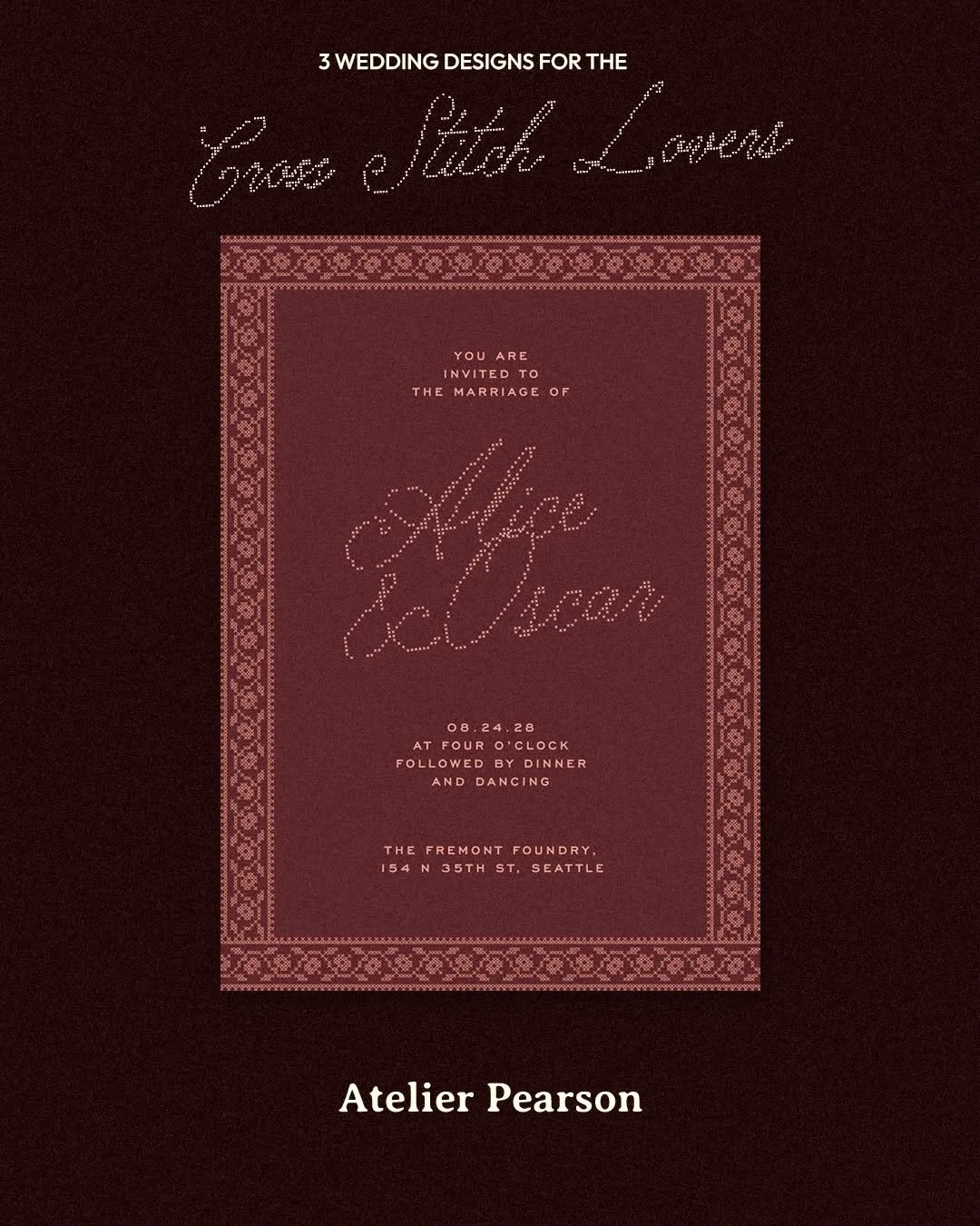 Meet Cross Stitch Elegance, Cross Stitch Flowers &amp; Cross Stitch Lovers, 3 wedding invitations with that common thread, pixel and stitches. 

.
.
.
3 of my latest proposals for the minted wedding challenge.

Interested in some custom invites for y
