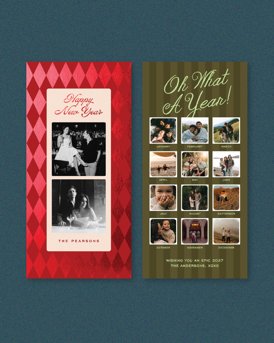 Holiday greeting cards, one with a red diamond pattern and photos of a couple, and the other with a green striped background and a year-by-month collage of family photos.