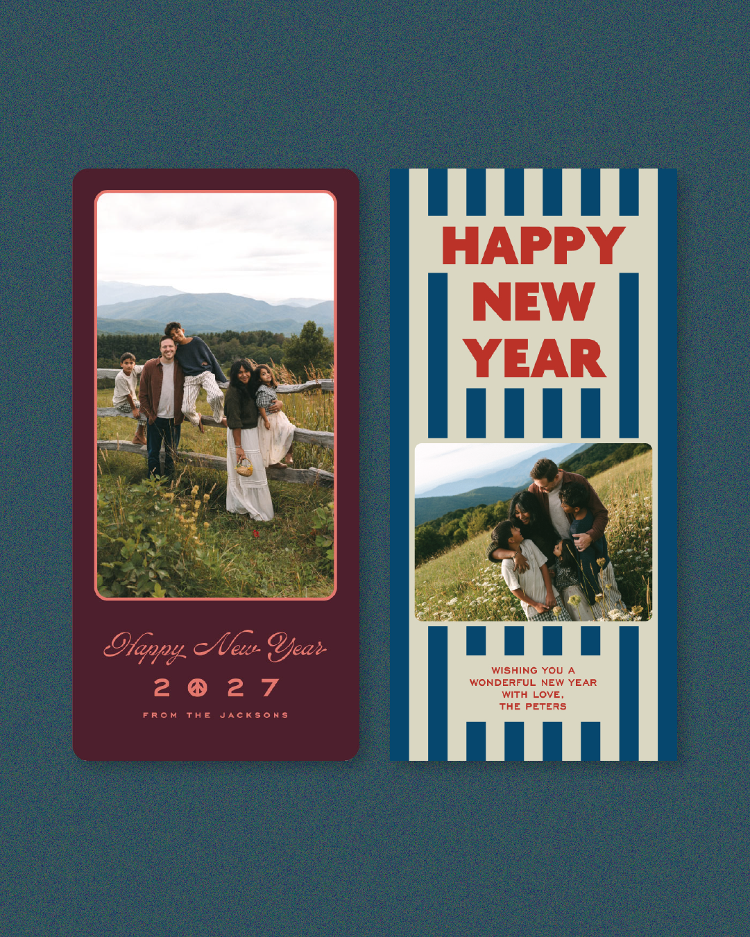 Two New Year greeting cards. The left card has a photo of a family outdoors with mountains in the background, with text saying 'Happy New Year 2027 from the Jacksons.' The right card has a photo of a family outdoors with mountains in the background, 