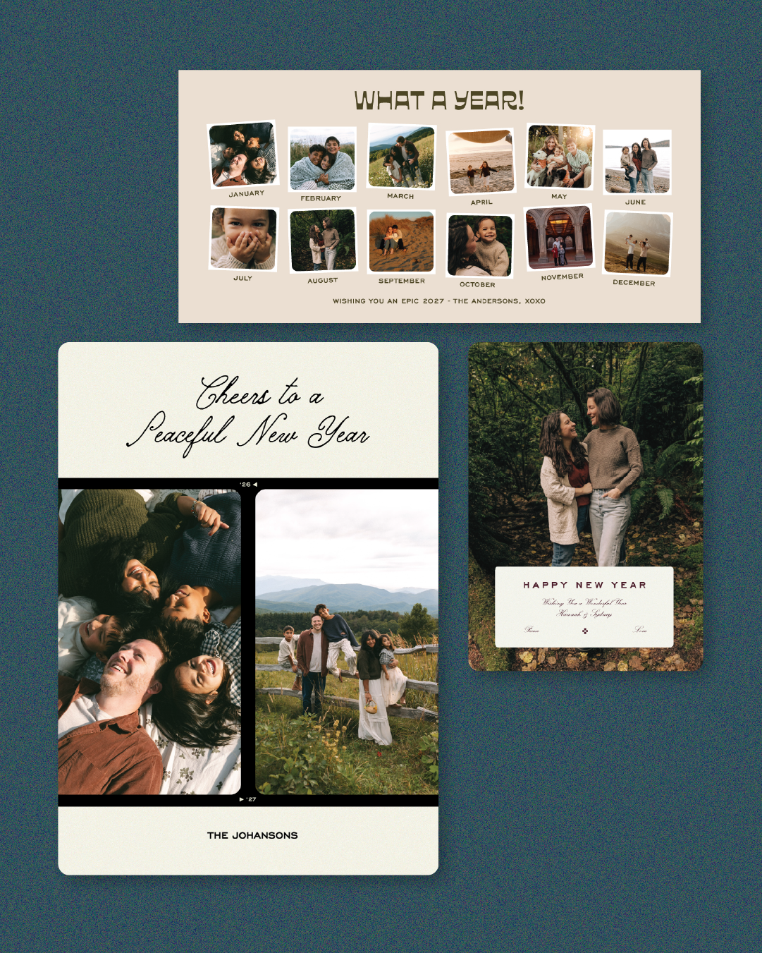 Collection of holiday and new year greeting cards with family photos, including a year-in-review collage, a snapshot of friends, and a greeting with two women in a forest setting.