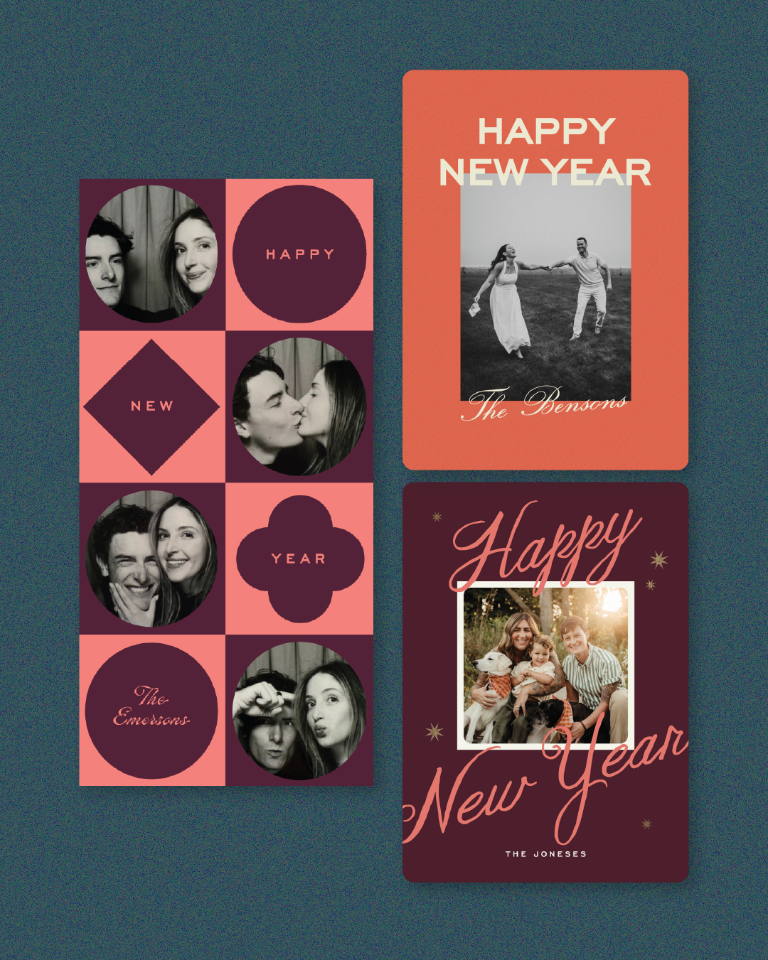 A collection of four New Year greeting cards featuring black and white and color photos of a couple and a family, with festive and romantic designs and text.