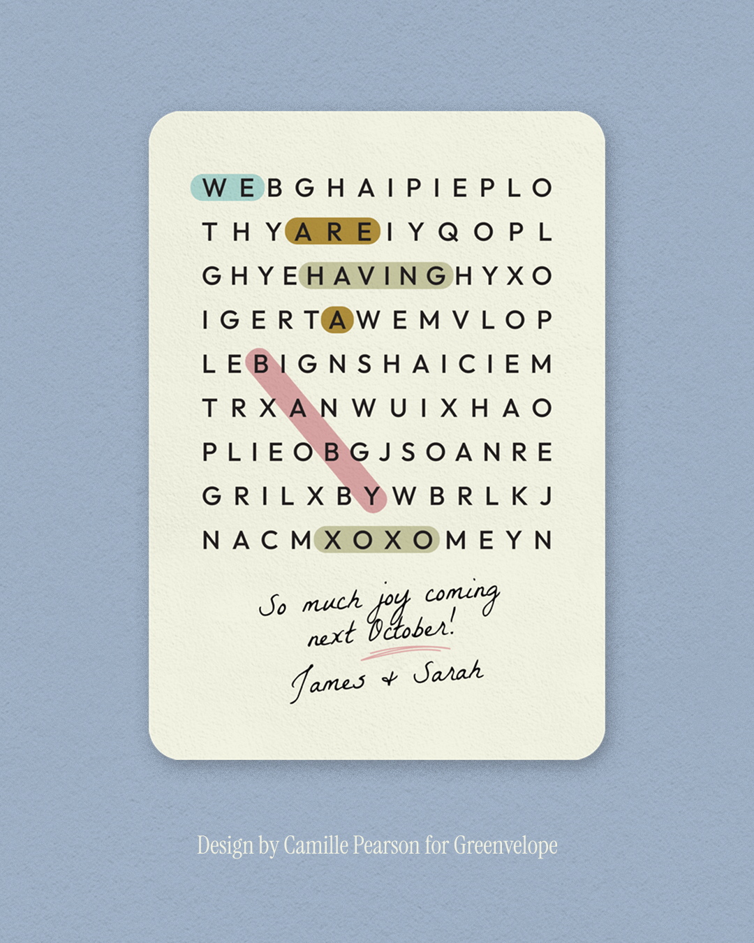 A festive puzzle with highlighted words 'web', 'are', 'having', 'a', 'bye', and 'xoxo'. It includes a handwritten note: 'So much joy coming next October! James & Sarah'.