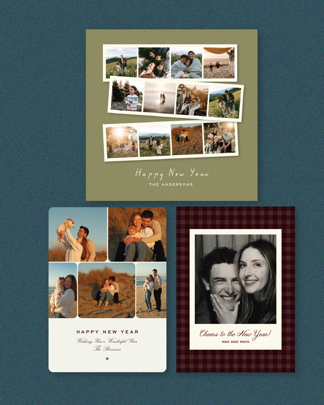 Three different New Year greeting cards with family photos. The top card features a collage of outdoor and family pictures, with a message saying "Happy New Year" and "The Andersons." The bottom left card shows photos of a family at the beach and a m