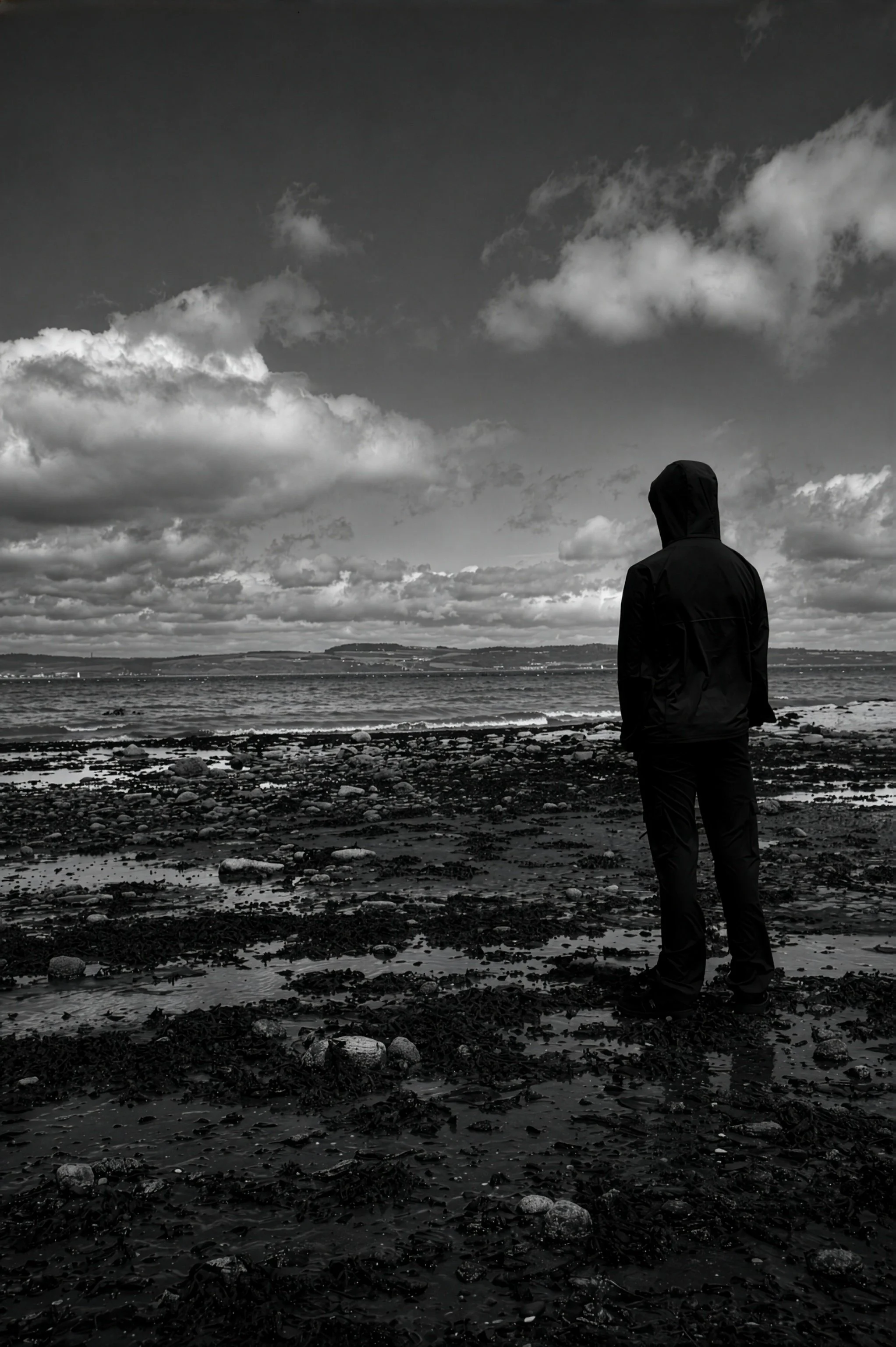 A person wearing a hooded jacket standing on a rocky beach looking out towards the sea under a cloudy sky.