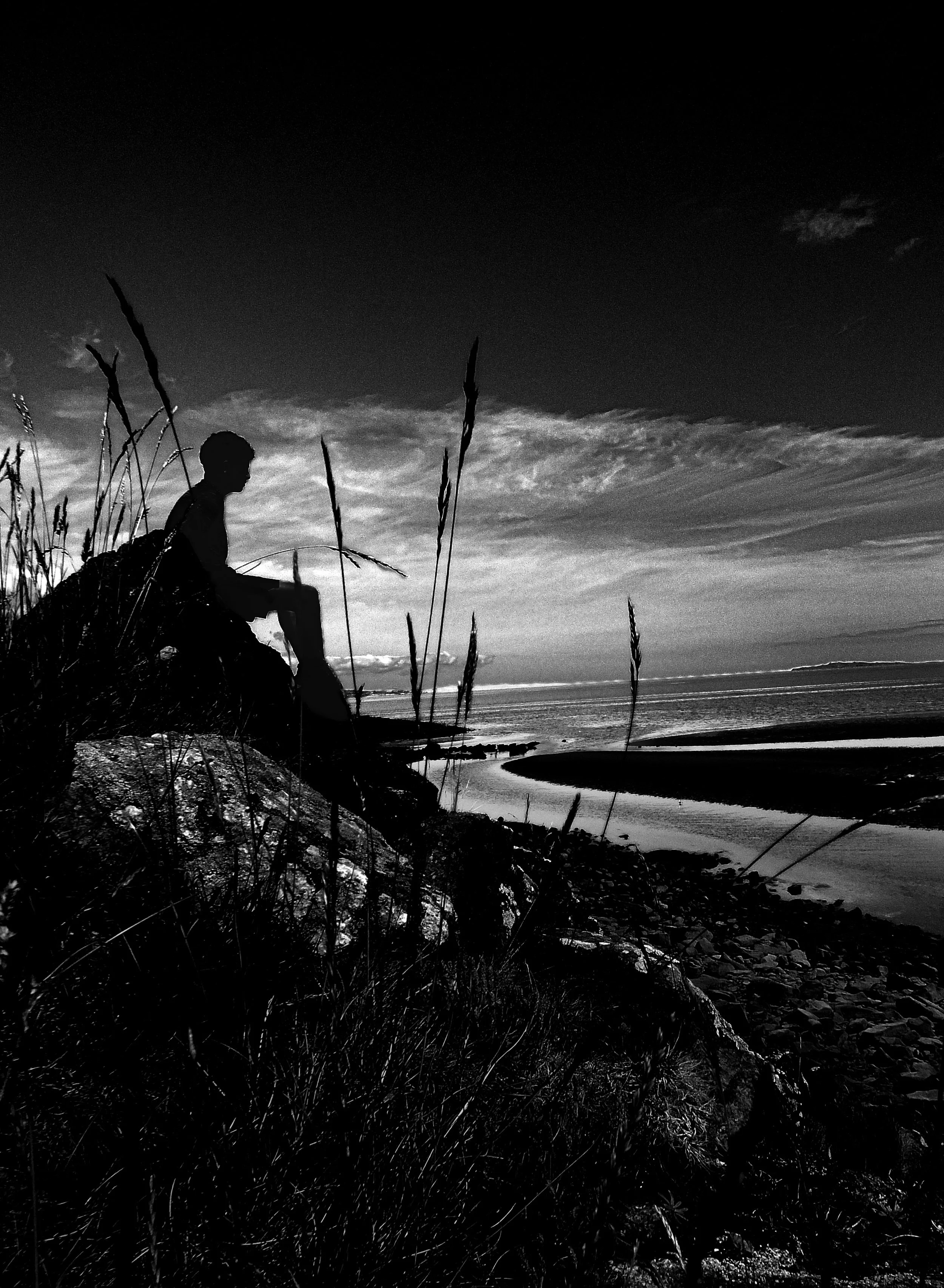 Silhouette of a person sitting on a rocky hillside near tall grass, overlooking the ocean with a cloudy sky at dusk in black and white.