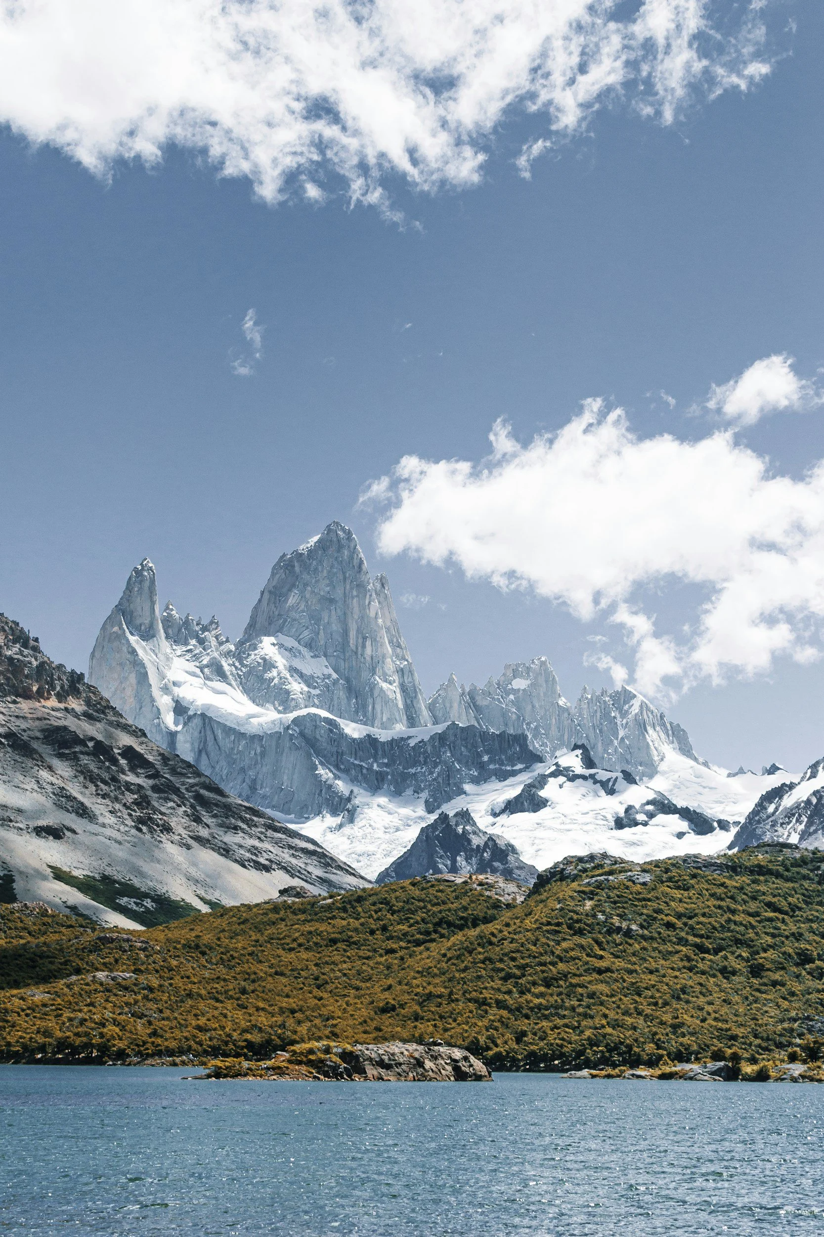 Snow-capped mountains behind a green forest, with a body of water in the foreground under a partly cloudy sky.