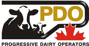 Progressive Dairy Operators logo featuring the letters PDO in gold, black silhouettes of a cow and calf, a red Canadian maple leaf, and the full organization name underneath.