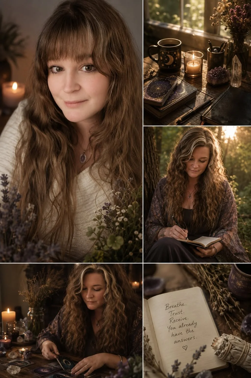 A collage of five photos: a woman with long curly hair sitting outdoors at sunset, a desk with tarot cards, candles, crystals, and a mug with moon and star designs, and a close-up of her journaling with a message that says, 'Breathe. Trust. Receive. You already have the answers.' surrounded by lavender and crystals.