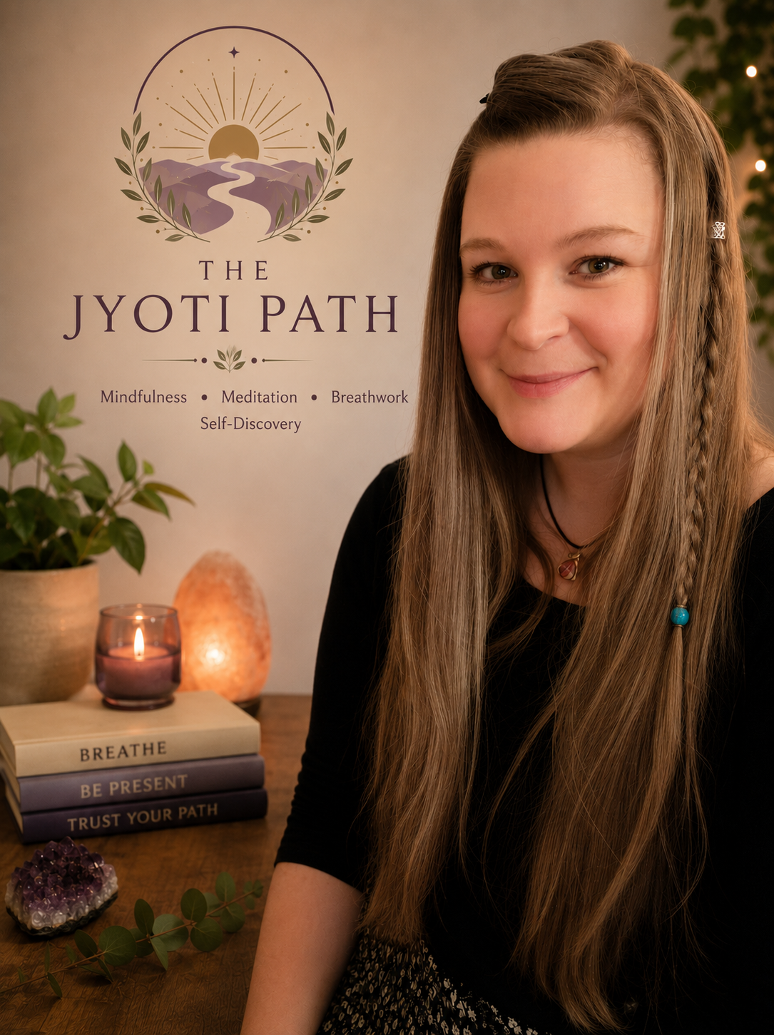 A woman with long light brown hair, wearing a black top, smiling in front of a poster that reads "The Jyoti Path" with words 'Mindfulness,' 'Meditation,' 'Breathwork,' and 'Self-Discovery'. In the background, there are potted plants, a salt lamp, a candle, and stacked books with titles 'BREATHE,' 'BE PRESENT,' and 'TRUST YOUR PATH,' along with a crystal and eucalyptus leaves.