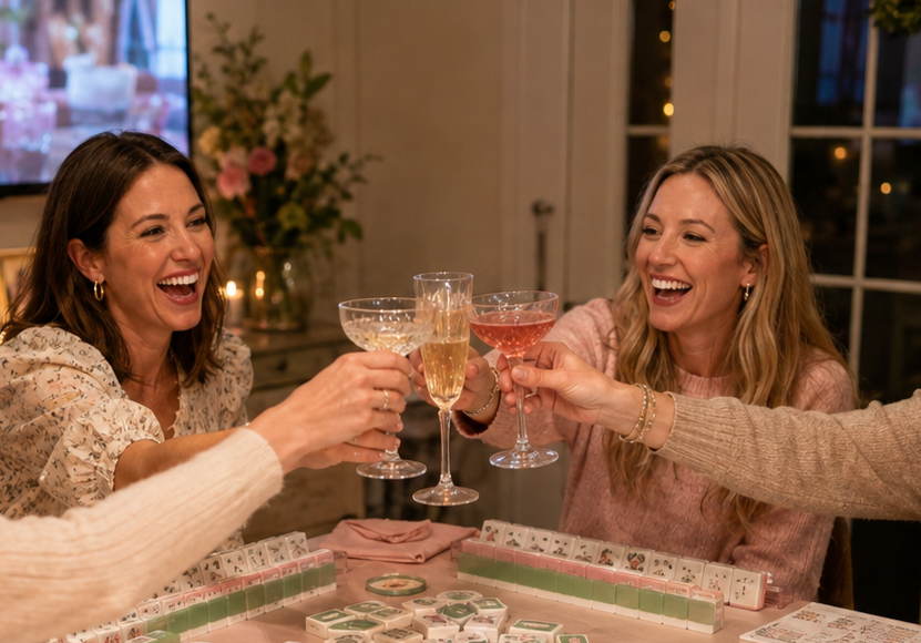 Four women smiling and clinking glasses at a dinner table during a social gathering.