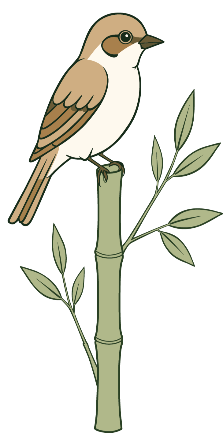 Illustration of a sparrow perched on a bamboo stalk with green leaves.