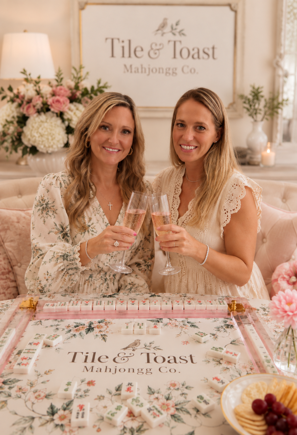 Two women smiling and holding glasses of champagne, sitting at a table with Mahjong tiles, playing American Mah Jongg in a well-decorated room with floral arrangements.