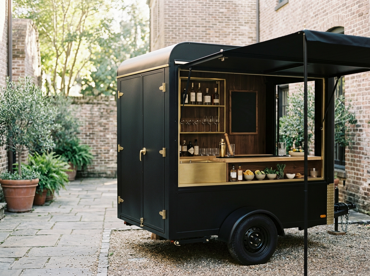 Black mobile bar cart with an open side serving area, set outdoors on a stone-paved patio surrounded by potted plants and brick walls, with a built-in shelf holding bottles of liquor and wine glasses.