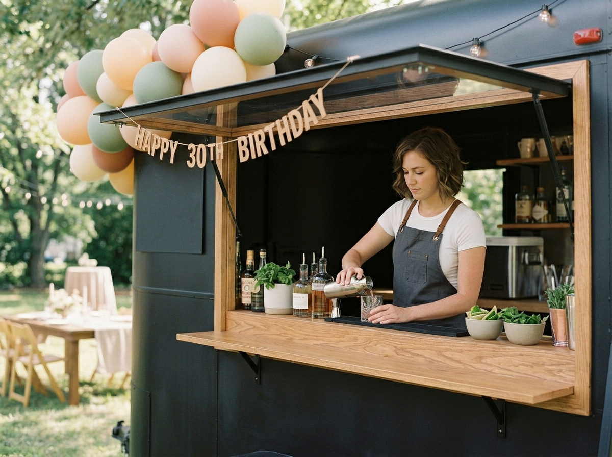 A woman inside a dark blue food truck preparing drinks, decorated with a 'Happy 30th Birthday' banner and pastel-colored balloons, with outdoor setting in the background.