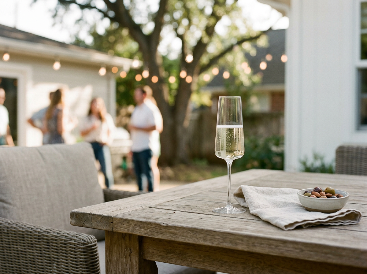 A wooden outdoor table with a champagne flute of sparkling wine, a napkin, and a bowl of mixed nuts, with blurred people socializing in the background and string lights hanging overhead.