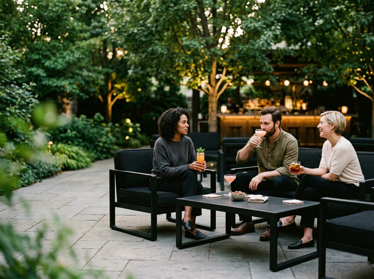 Three people sitting outside at a black table on a patio, surrounded by trees and greenery, enjoying cocktails and socializing.