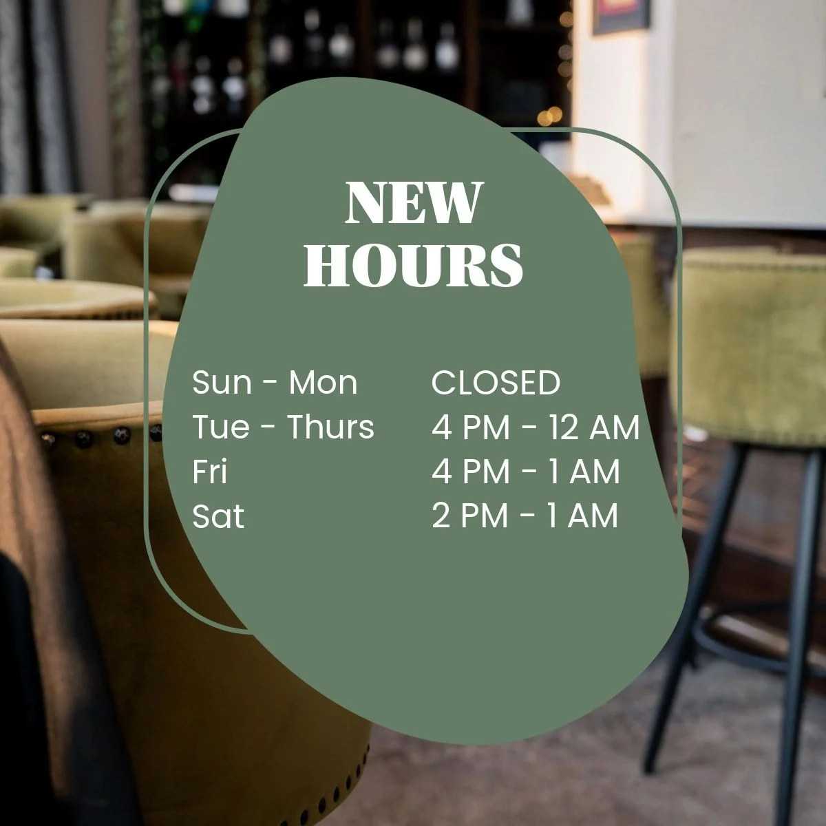 Starting tomorrow, Sept. 1st, The New Northwestern will be open on Tuesday nights!
With a new night, comes new specials:
Happy Hour is all night Tuesdays, along with $10 Seasonal Cocktails.

We are super excited to see everyone tomorrow!
