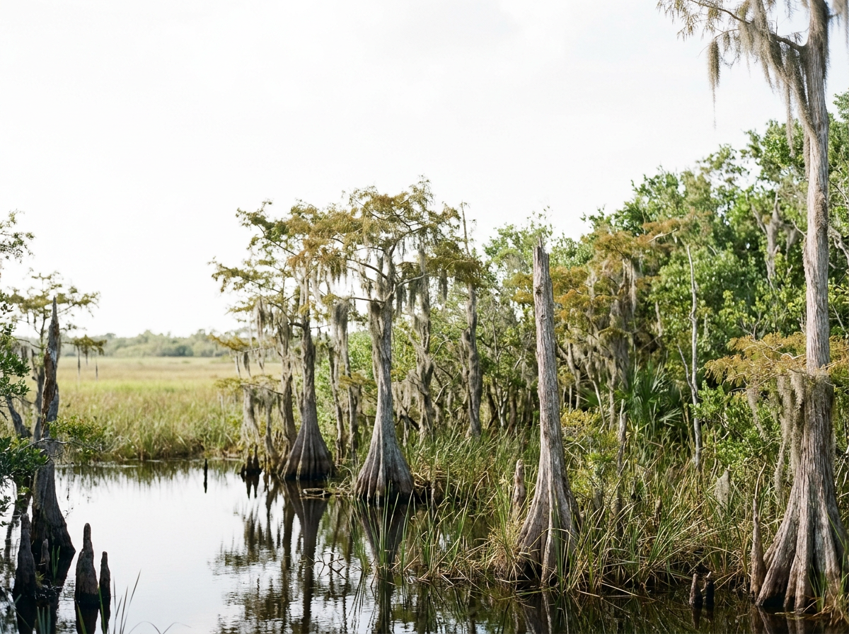 Swamp with tall cypress trees draped with Spanish moss, water reflecting the trees, lush greenery, and grasses typical of a wetland environment.