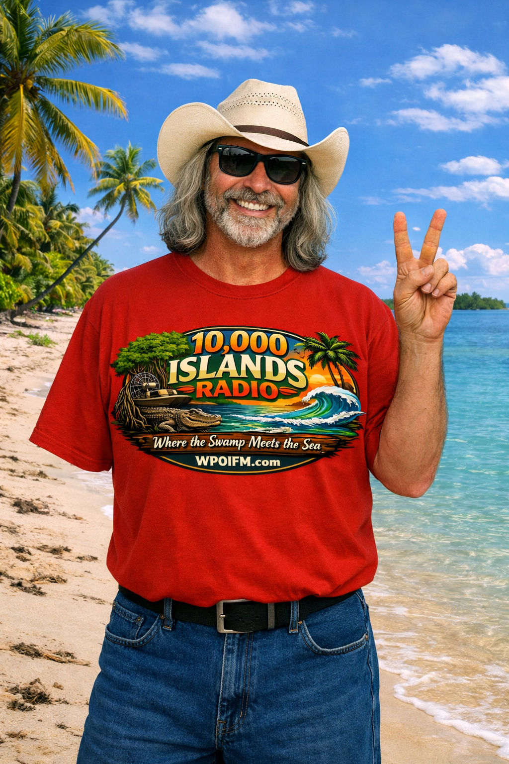 A smiling man wearing sunglasses, a cowboy hat, and a red t-shirt with a tropical island and radio station logo, making a peace sign on a beach with palm trees and ocean in the background.