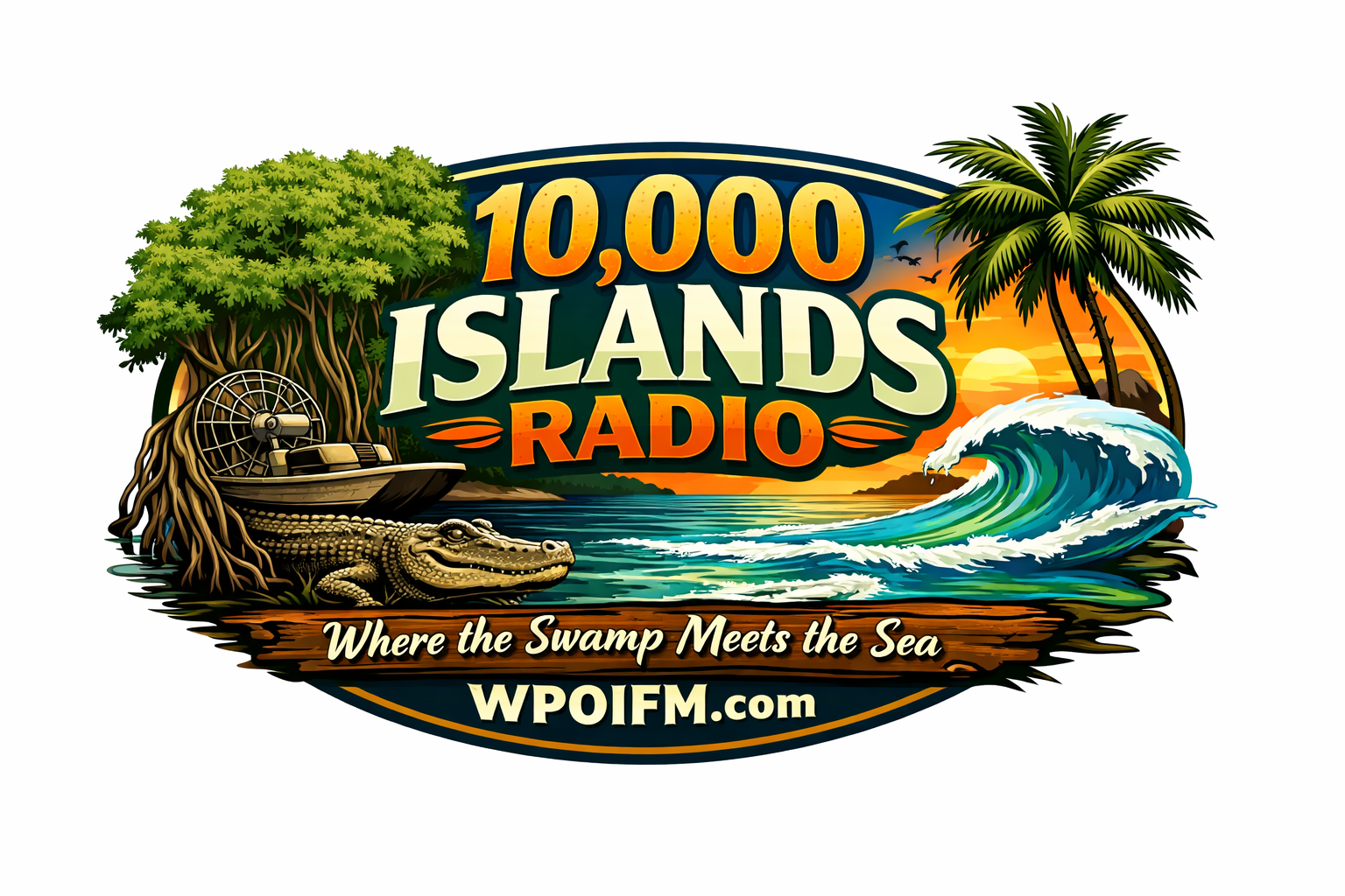 Logo for 10,000 Islands Radio featuring a tropical scene with a tree, alligator, boat, palm trees, waves, and a sunset, with the tagline 'Where the Swamp Meets the Sea' and the website WPOIFM.com.