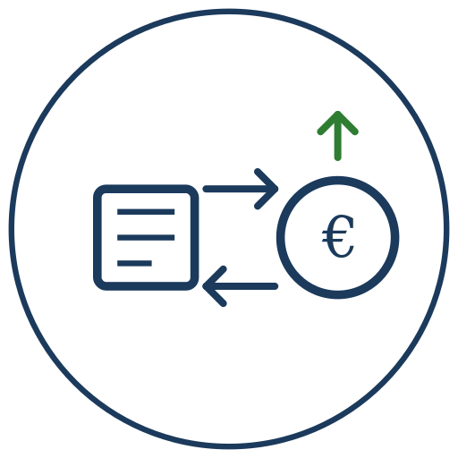 Icône représentant un document, un symbole euro, et une flèche verte pointant vers le haut, indiquant une augmentation ou un flux financier.