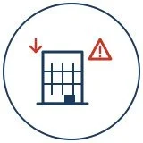 Aucun contenu spécifique identifiable dans l'image, il semble s'agir d'une icône ou d'un symbole avec un bâtiment, une flèche rouge pointant vers le bas et un triangle d'avertissement.