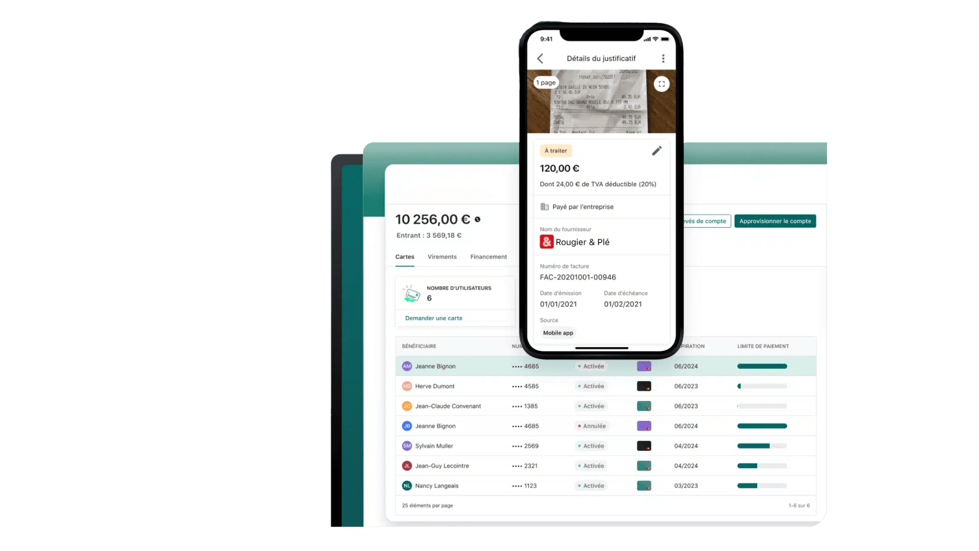 Interface mobile et web de gestion des notes de frais et justificatifs de dépenses