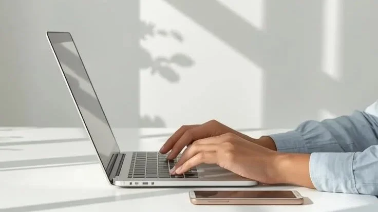 Personne en télétravail sur ordinateur portable depuis l'étranger