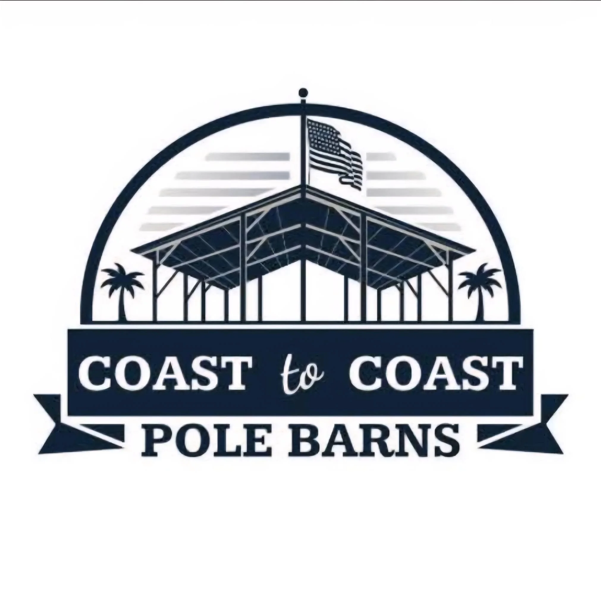 Logo for Coast to Coast Dollarton Pole Barns featuring a black house structure with a solar panel roof, palms, and an American flag.
