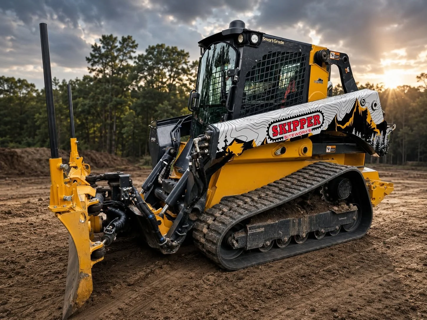 A yellow and black Skipper compact track loader on a construction site with dirt and trees in the background during sunset.