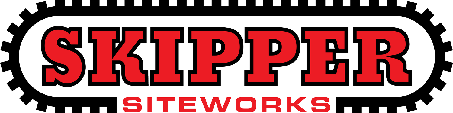 Logo for Skipper Siteworks featuring large red text for 'SKIPPER' with black outline, and smaller white text for 'SITEWORKS' beneath, surrounded by gear-like graphic