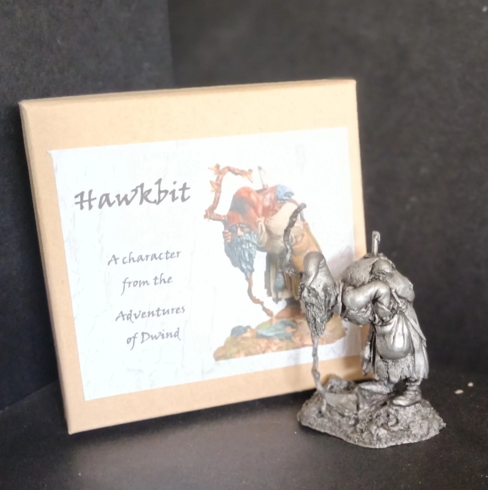 A collectible life size white metal figurine of Hawkbit the Wise - a key character of the 'Adventures of Dwind', and the Return of Hawkbit' available as a kit or as an antiqued gift.