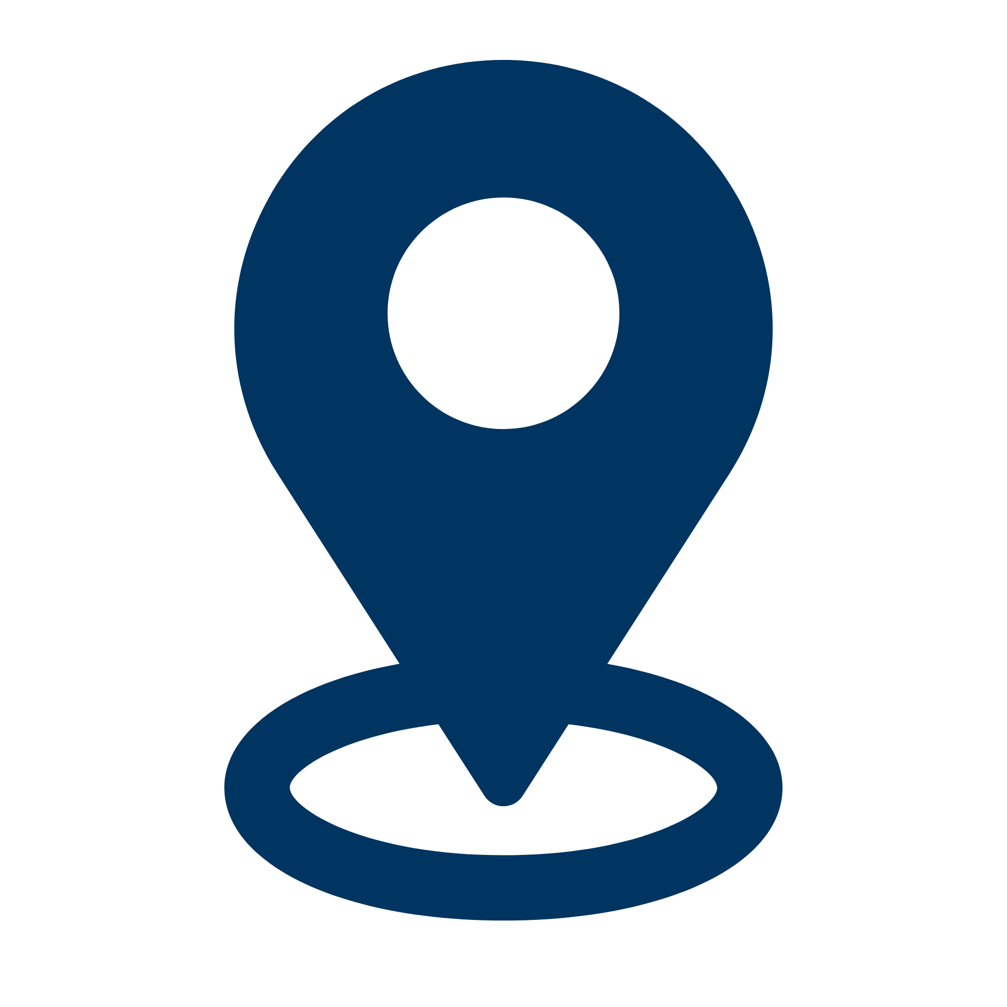 Blue map pin icon with a circular hole in the center on a black background.
